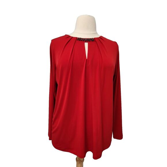 LIZ CLAIBORNE Red Liquid Knit Top Jeweled Keyhole Neckline Size XL OX - Picture 1 of 11